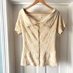 Anthropologie Yellow Bird Brocade Cardigan Short Sleeve Collar Cream Size XS